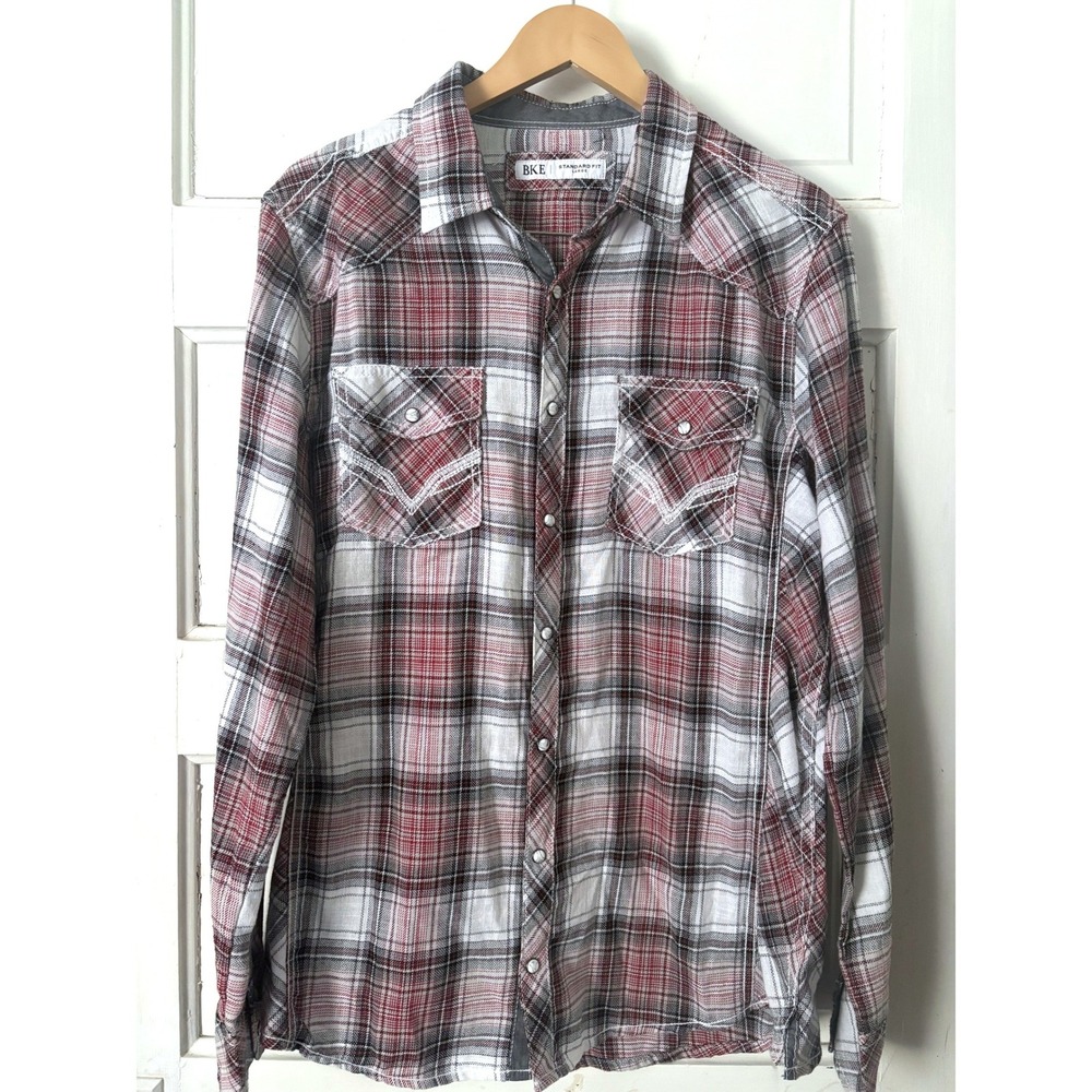 BKE Mens Standard Fit Western Pearl Snap Plaid Long Sleeve Shirt Red White Large